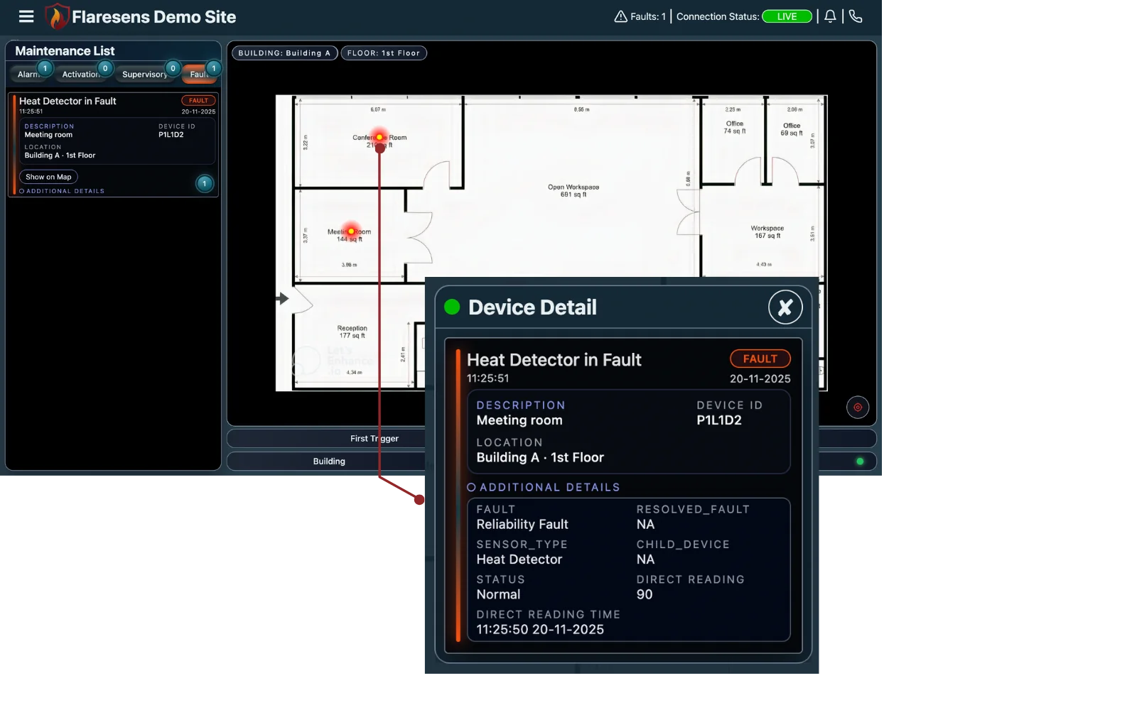 FlareSens Maintenance Window showing fault detection with device detail, floor map, and fault tracking