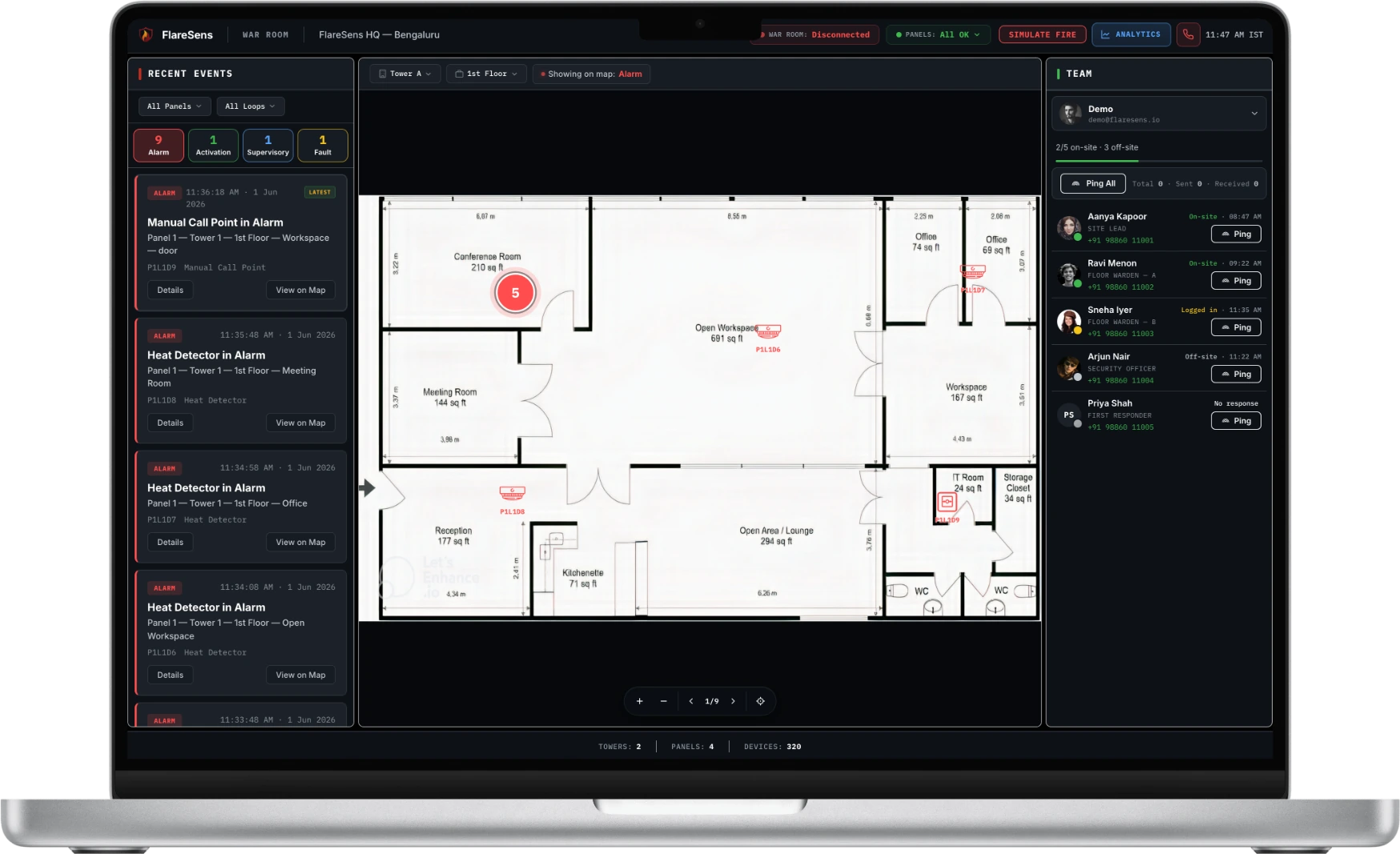 FlareSens Live Monitoring Station War Room on a MacBook — live panel status, alarm events and on-site responder team