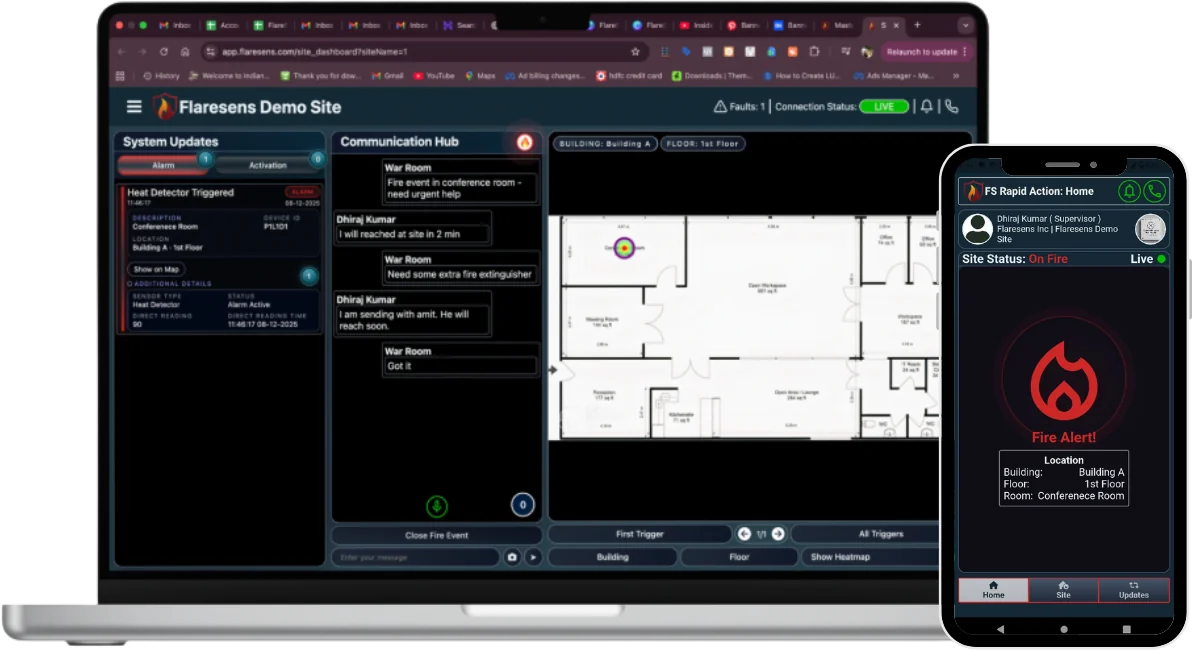 FlareSens War Room on MacBook and Rapid Action Suite on iPhone — real-time fire alarm monitoring
