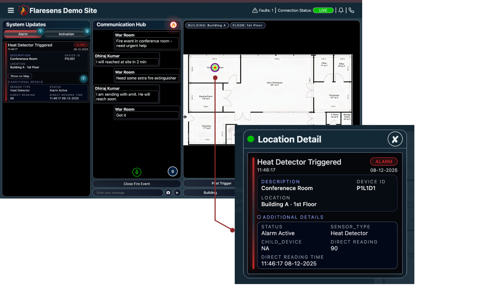 FlareSens War Room showing real-time fire alert with floor map, Communication Hub, and Rapid Action Suite mobile alert