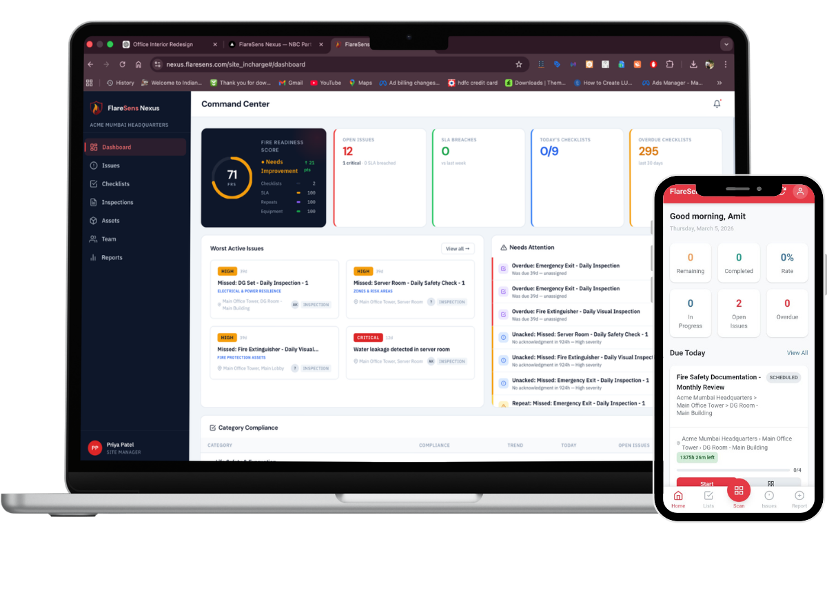 FlareSens Nexus — NBC Part 4 compliance dashboard on laptop
