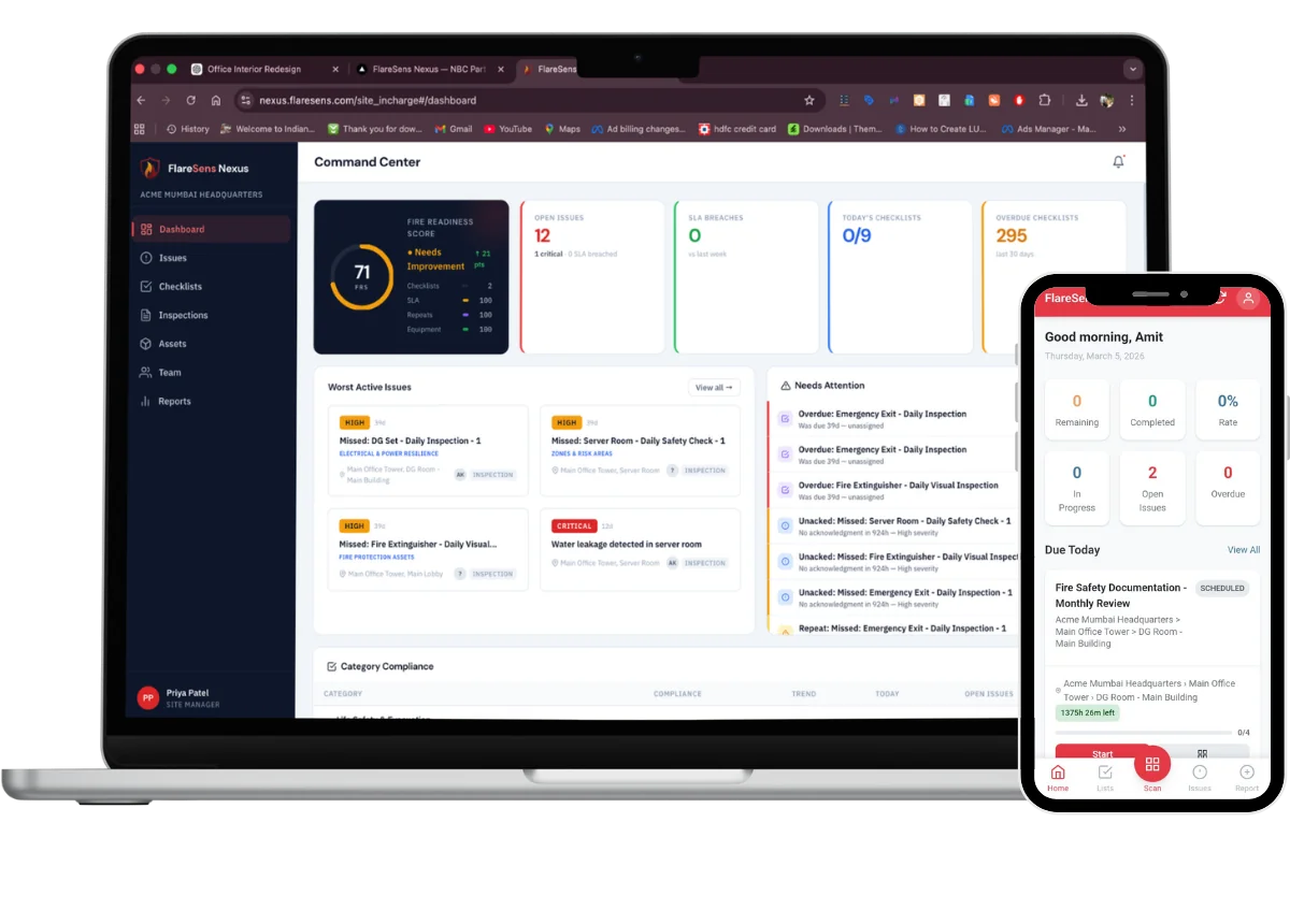 FlareSens Nexus — NBC Part 4 compliance dashboard on laptop