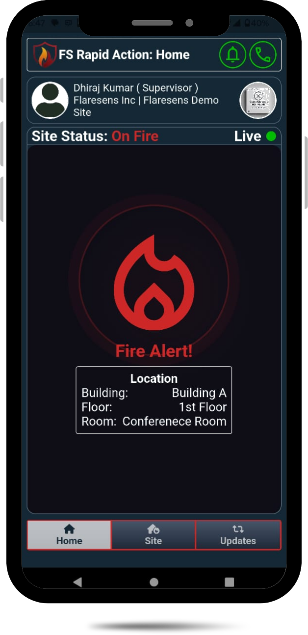 FlareSens Rapid Action Suite — mobile fire alert showing Fire Alert with location details